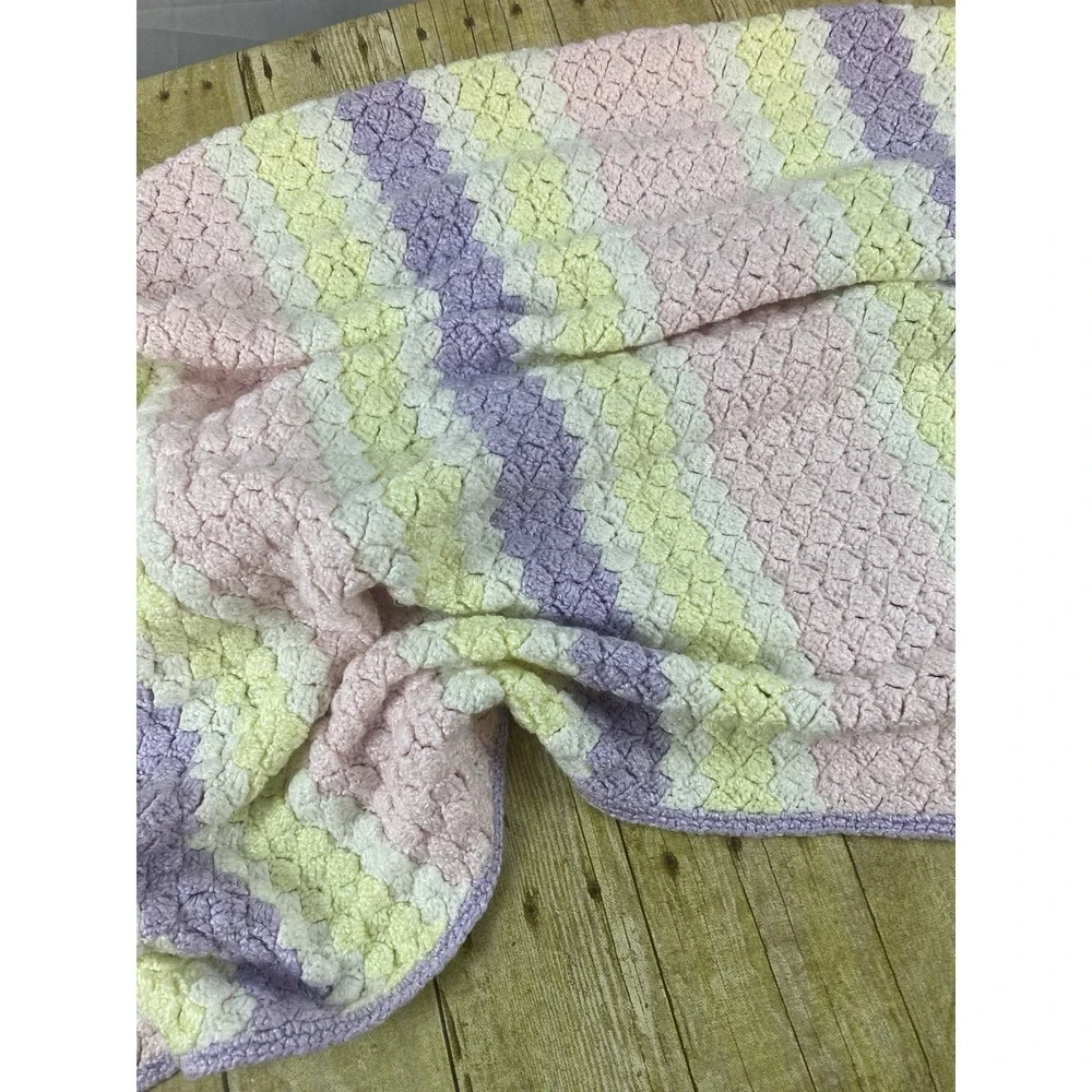 Handmade‎ Knit Pink Purple Yellow Blanket 55